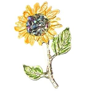 Sunflower Brooch with Green Leaves